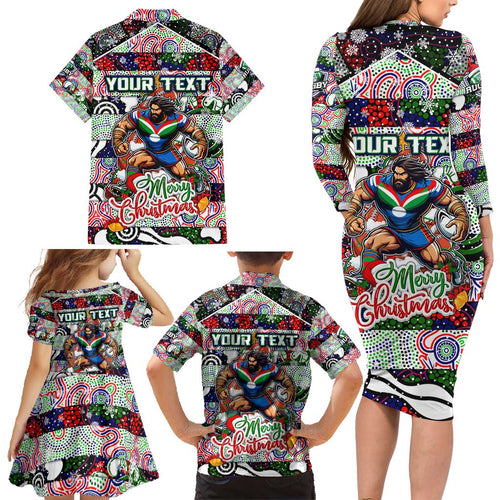 Custom New Zealand Warriors Rugby Merry Christmas Family Matching Long Sleeve Bodycon Dress and Hawaiian Shirt Indigenous Australian Art
