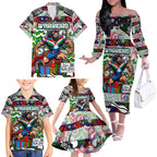 Custom New Zealand Warriors Rugby Merry Christmas Family Matching Off The Shoulder Long Sleeve Dress and Hawaiian Shirt Indigenous Australian Art