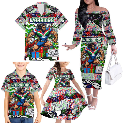 Custom New Zealand Warriors Rugby Merry Christmas Family Matching Off The Shoulder Long Sleeve Dress and Hawaiian Shirt Indigenous Australian Art