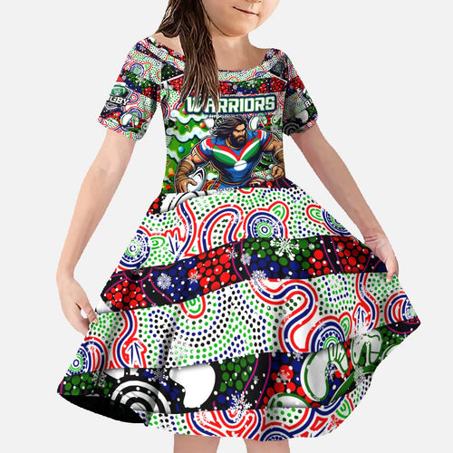 Custom New Zealand Warriors Rugby Merry Christmas Family Matching Off The Shoulder Long Sleeve Dress and Hawaiian Shirt Indigenous Australian Art