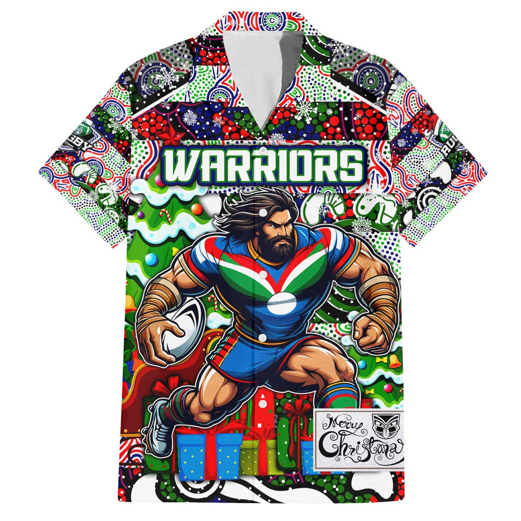 Custom New Zealand Warriors Rugby Merry Christmas Family Matching Off The Shoulder Long Sleeve Dress and Hawaiian Shirt Indigenous Australian Art