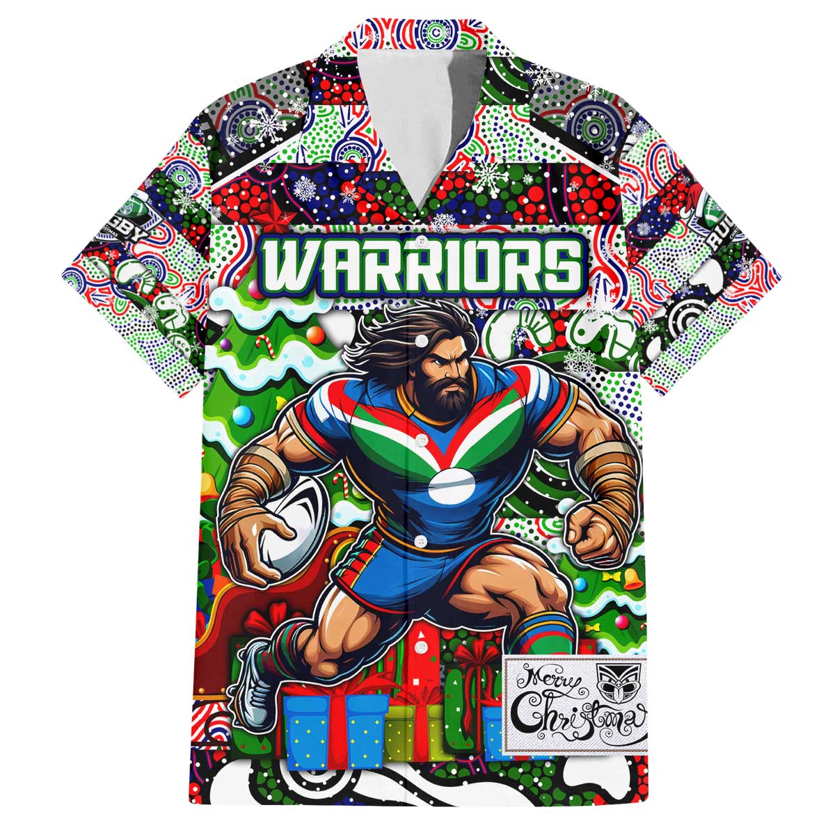 Custom New Zealand Warriors Rugby Merry Christmas Family Matching Off The Shoulder Long Sleeve Dress and Hawaiian Shirt Indigenous Australian Art