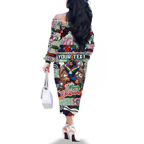 Custom New Zealand Warriors Rugby Merry Christmas Family Matching Off The Shoulder Long Sleeve Dress and Hawaiian Shirt Indigenous Australian Art