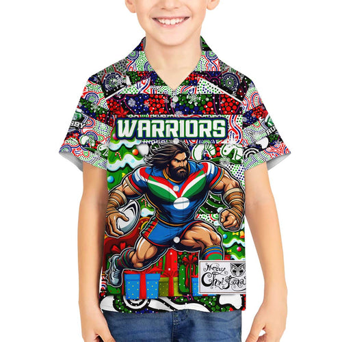 Custom New Zealand Warriors Rugby Merry Christmas Family Matching Off The Shoulder Long Sleeve Dress and Hawaiian Shirt Indigenous Australian Art