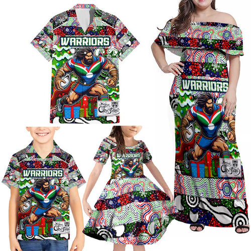 Custom New Zealand Warriors Rugby Merry Christmas Family Matching Off Shoulder Maxi Dress and Hawaiian Shirt Indigenous Australian Art