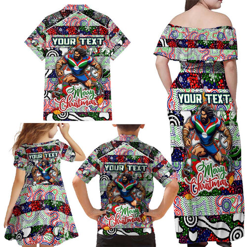 Custom New Zealand Warriors Rugby Merry Christmas Family Matching Off Shoulder Maxi Dress and Hawaiian Shirt Indigenous Australian Art
