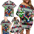 Custom New Zealand Warriors Rugby Merry Christmas Family Matching Off Shoulder Short Dress and Hawaiian Shirt Indigenous Australian Art