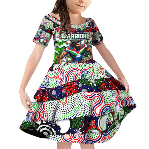 Custom New Zealand Warriors Rugby Merry Christmas Family Matching Off Shoulder Short Dress and Hawaiian Shirt Indigenous Australian Art