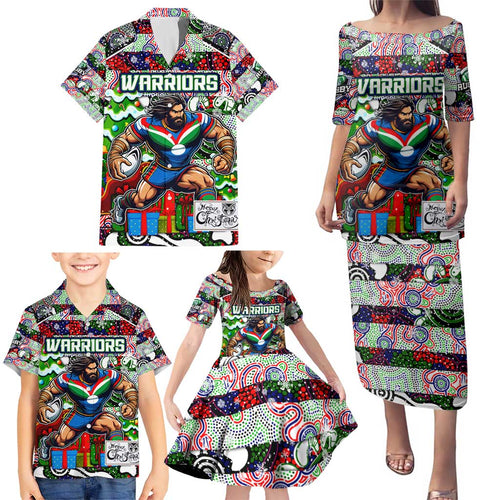 Custom New Zealand Warriors Rugby Merry Christmas Family Matching Puletasi and Hawaiian Shirt Indigenous Australian Art