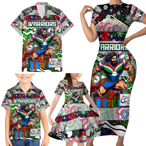 Custom New Zealand Warriors Rugby Merry Christmas Family Matching Short Sleeve Bodycon Dress and Hawaiian Shirt Indigenous Australian Art