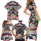 Custom New Zealand Warriors Rugby Merry Christmas Family Matching Short Sleeve Bodycon Dress and Hawaiian Shirt Indigenous Australian Art