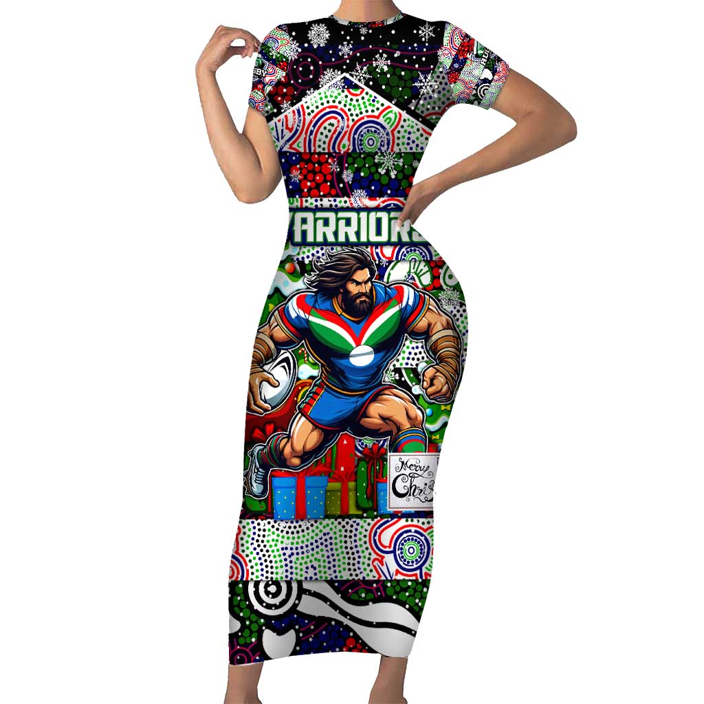 Custom New Zealand Warriors Rugby Merry Christmas Family Matching Short Sleeve Bodycon Dress and Hawaiian Shirt Indigenous Australian Art