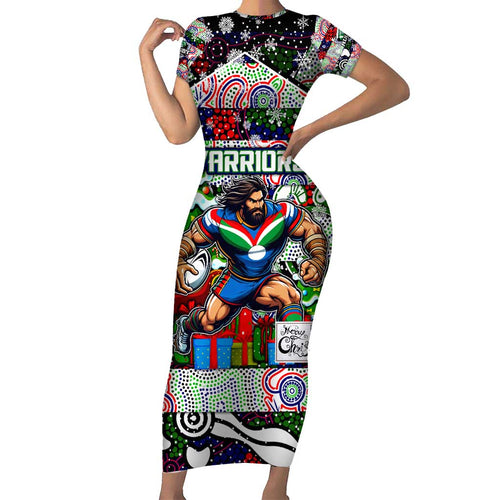 Custom New Zealand Warriors Rugby Merry Christmas Family Matching Short Sleeve Bodycon Dress and Hawaiian Shirt Indigenous Australian Art