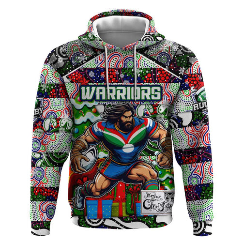 Custom New Zealand Warriors Rugby Merry Christmas Hoodie Indigenous Australian Art