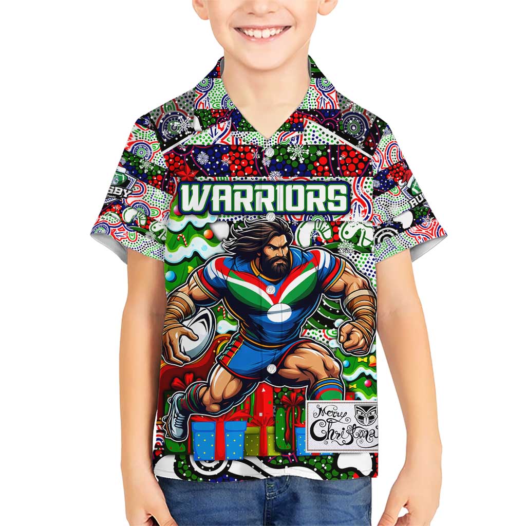 Custom New Zealand Warriors Rugby Merry Christmas Kid Hawaiian Shirt Indigenous Australian Art