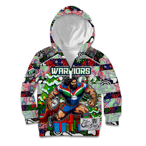Custom New Zealand Warriors Rugby Merry Christmas Kid Hoodie Indigenous Australian Art