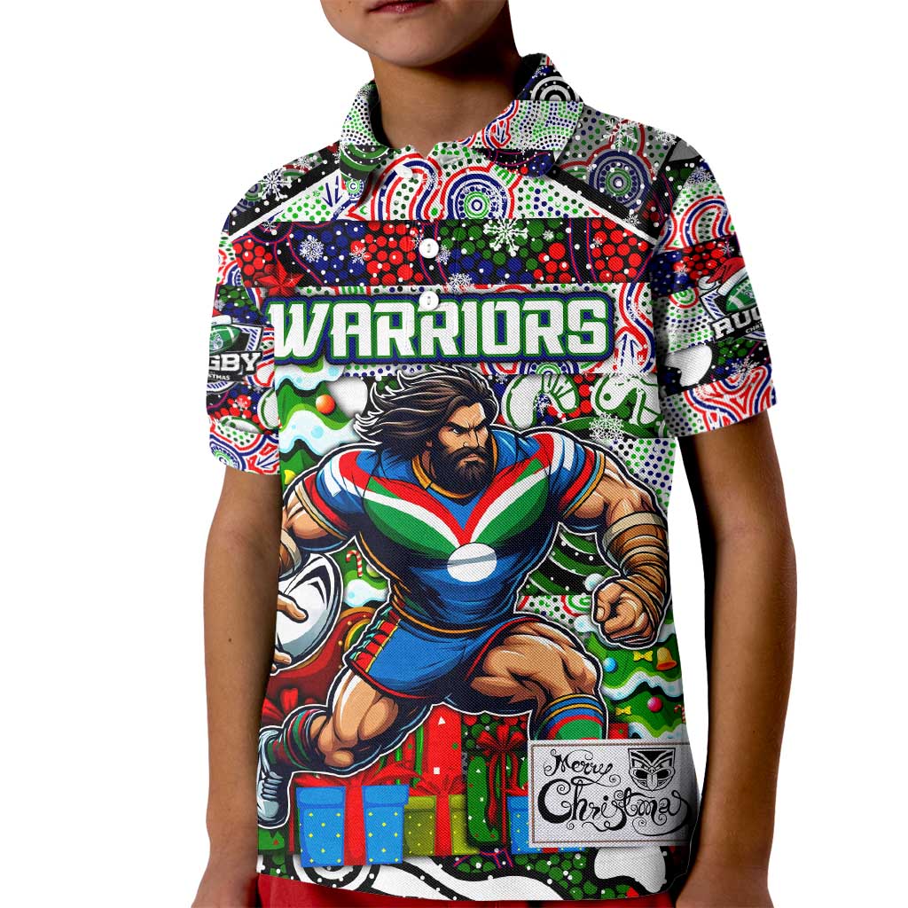 Custom New Zealand Warriors Rugby Merry Christmas Kid Polo Shirt Indigenous Australian Art