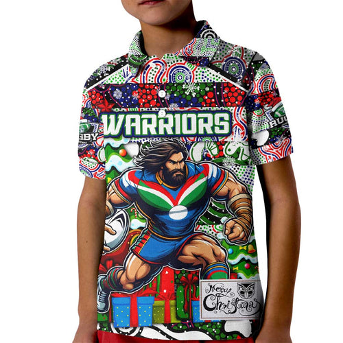Custom New Zealand Warriors Rugby Merry Christmas Kid Polo Shirt Indigenous Australian Art