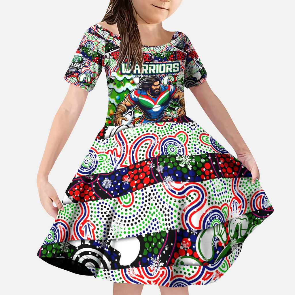 Custom New Zealand Warriors Rugby Merry Christmas Kid Short Sleeve Dress Indigenous Australian Art