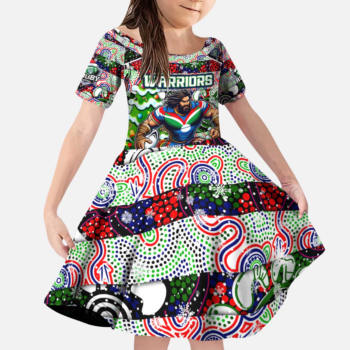 Custom New Zealand Warriors Rugby Merry Christmas Kid Short Sleeve Dress Indigenous Australian Art