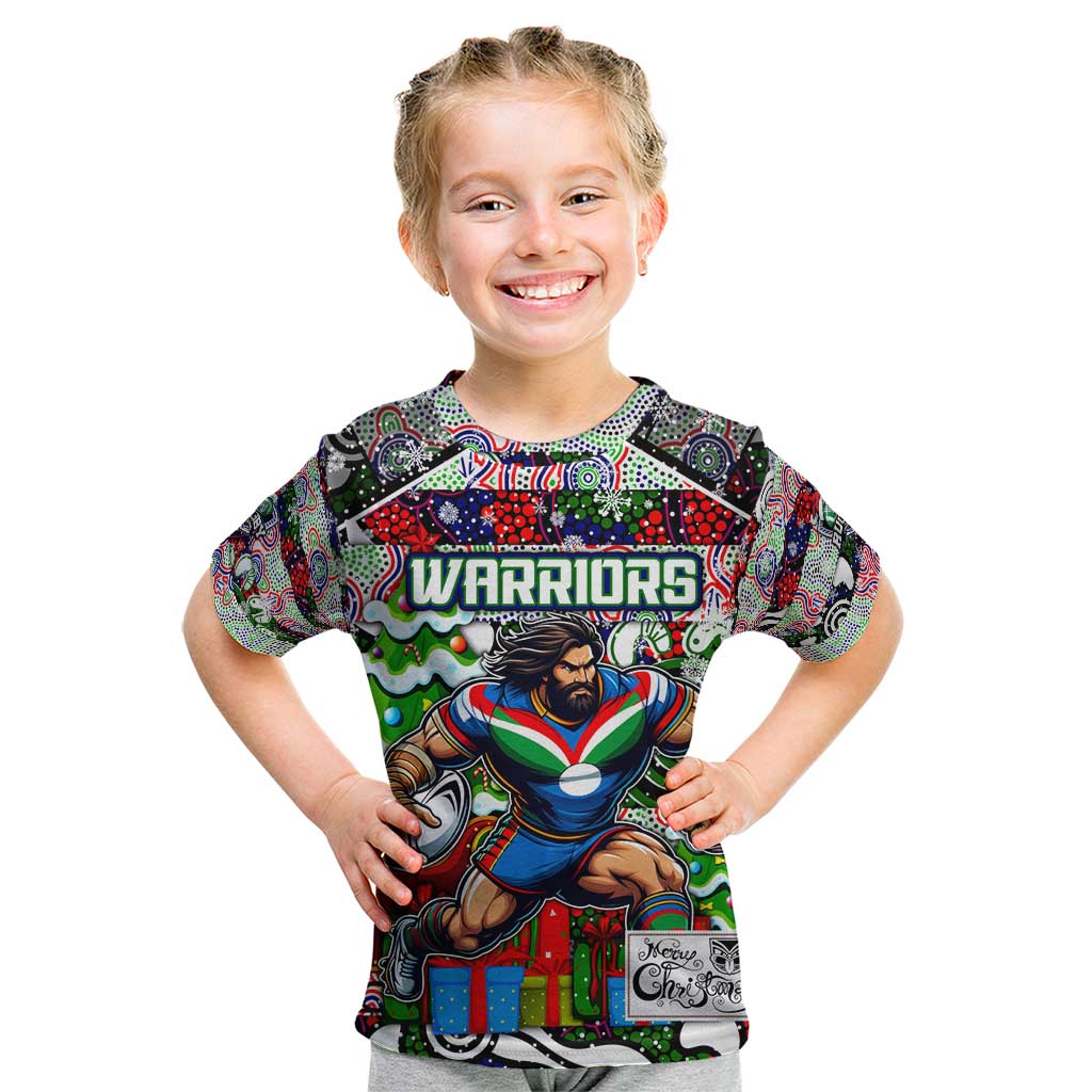 Custom New Zealand Warriors Rugby Merry Christmas Kid T Shirt Indigenous Australian Art