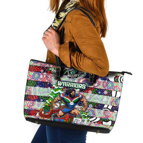 New Zealand Warriors Rugby Merry Christmas Leather Tote Bag Indigenous Australian Art