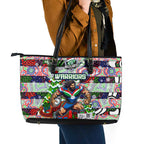 New Zealand Warriors Rugby Merry Christmas Leather Tote Bag Indigenous Australian Art