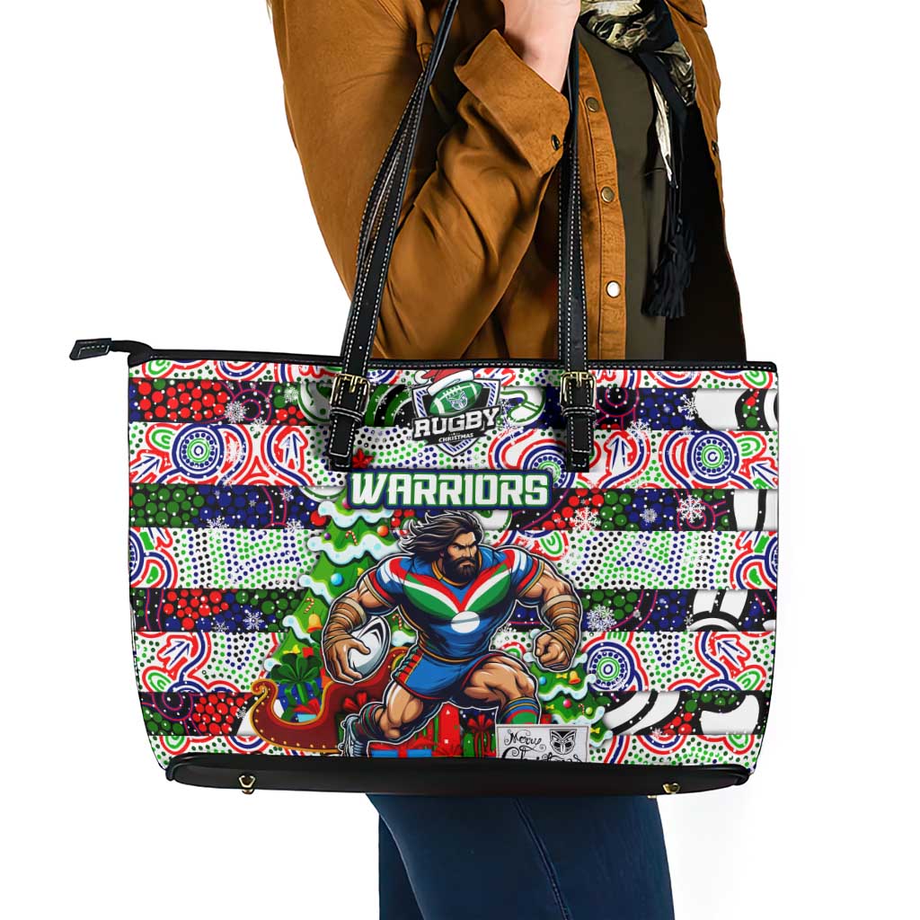 New Zealand Warriors Rugby Merry Christmas Leather Tote Bag Indigenous Australian Art