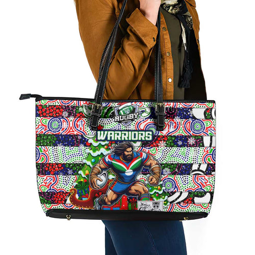 New Zealand Warriors Rugby Merry Christmas Leather Tote Bag Indigenous Australian Art