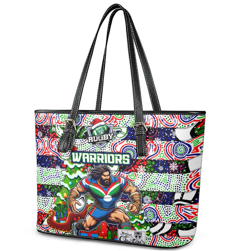 New Zealand Warriors Rugby Merry Christmas Leather Tote Bag Indigenous Australian Art