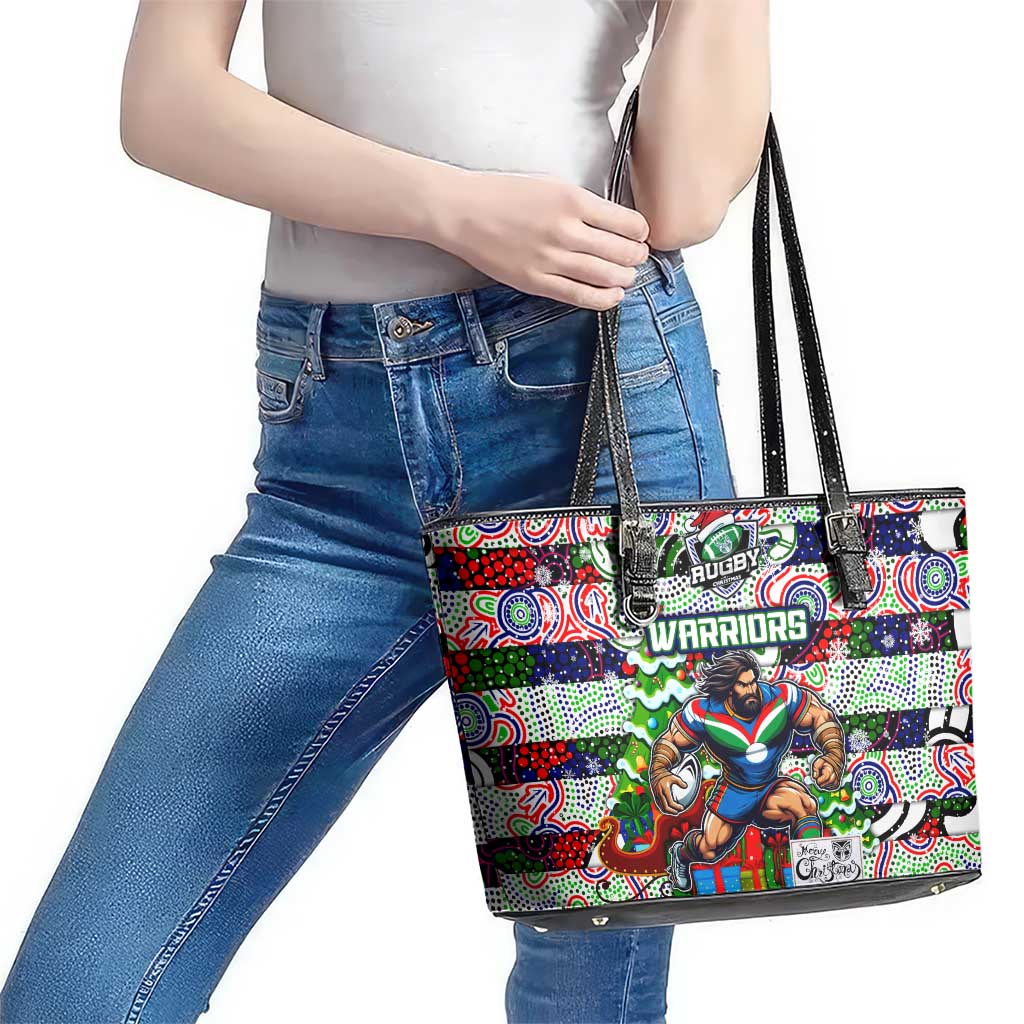 New Zealand Warriors Rugby Merry Christmas Leather Tote Bag Indigenous Australian Art