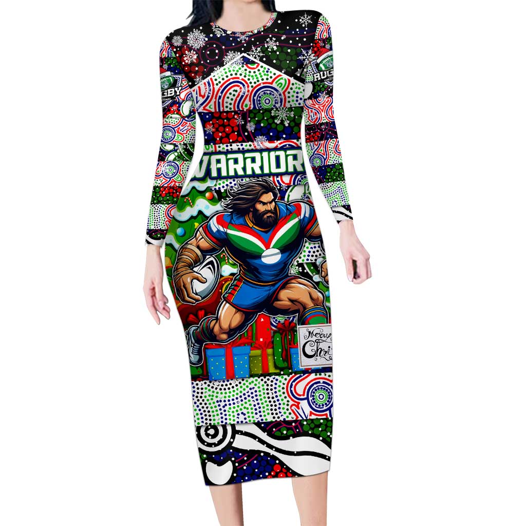 Custom New Zealand Warriors Rugby Merry Christmas Long Sleeve Bodycon Dress Indigenous Australian Art
