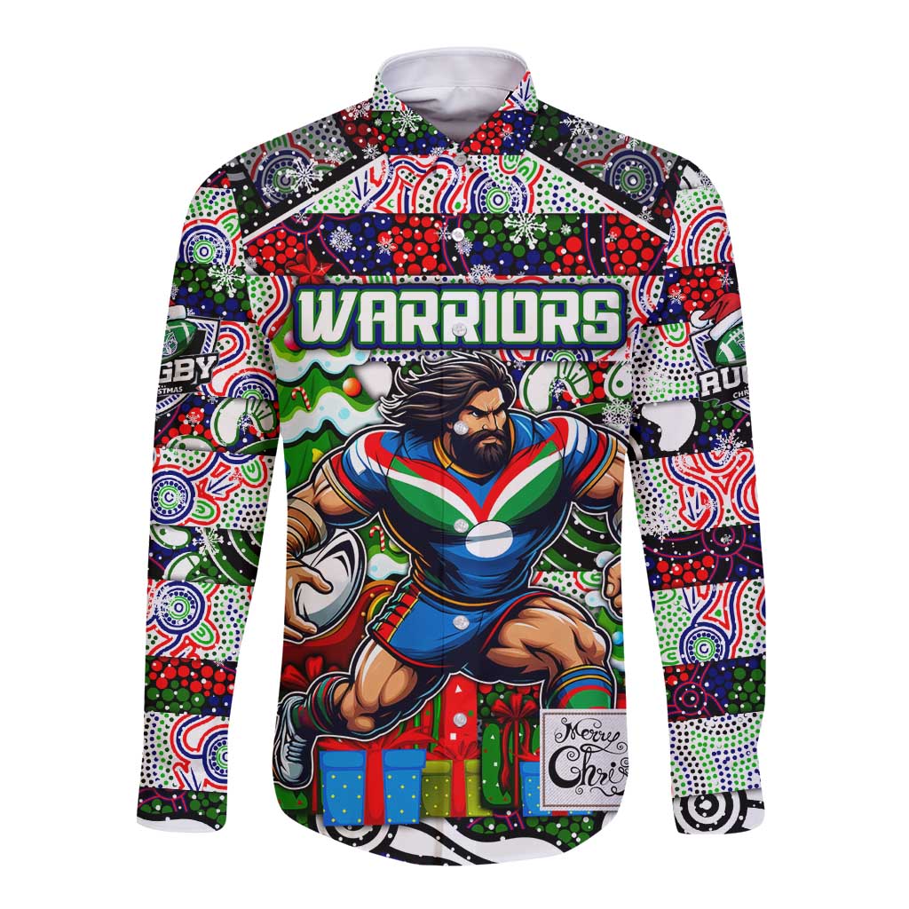 Custom New Zealand Warriors Rugby Merry Christmas Long Sleeve Button Shirt Indigenous Australian Art