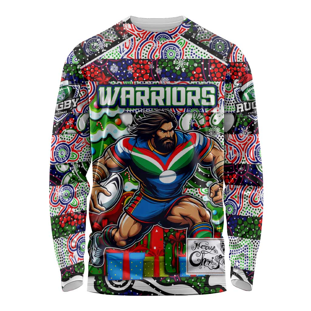 Custom New Zealand Warriors Rugby Merry Christmas Long Sleeve Shirt Indigenous Australian Art
