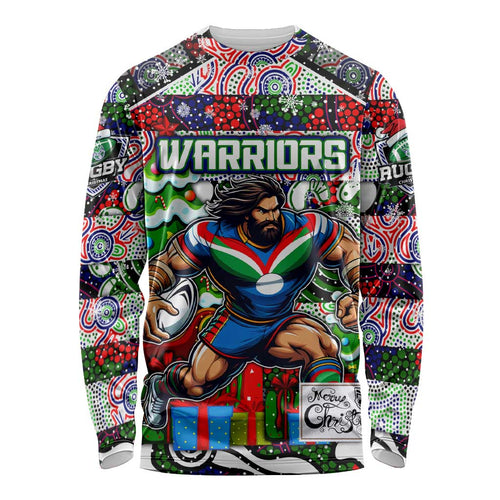 Custom New Zealand Warriors Rugby Merry Christmas Long Sleeve Shirt Indigenous Australian Art
