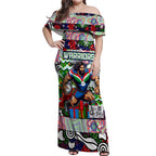Custom New Zealand Warriors Rugby Merry Christmas Off Shoulder Maxi Dress Indigenous Australian Art