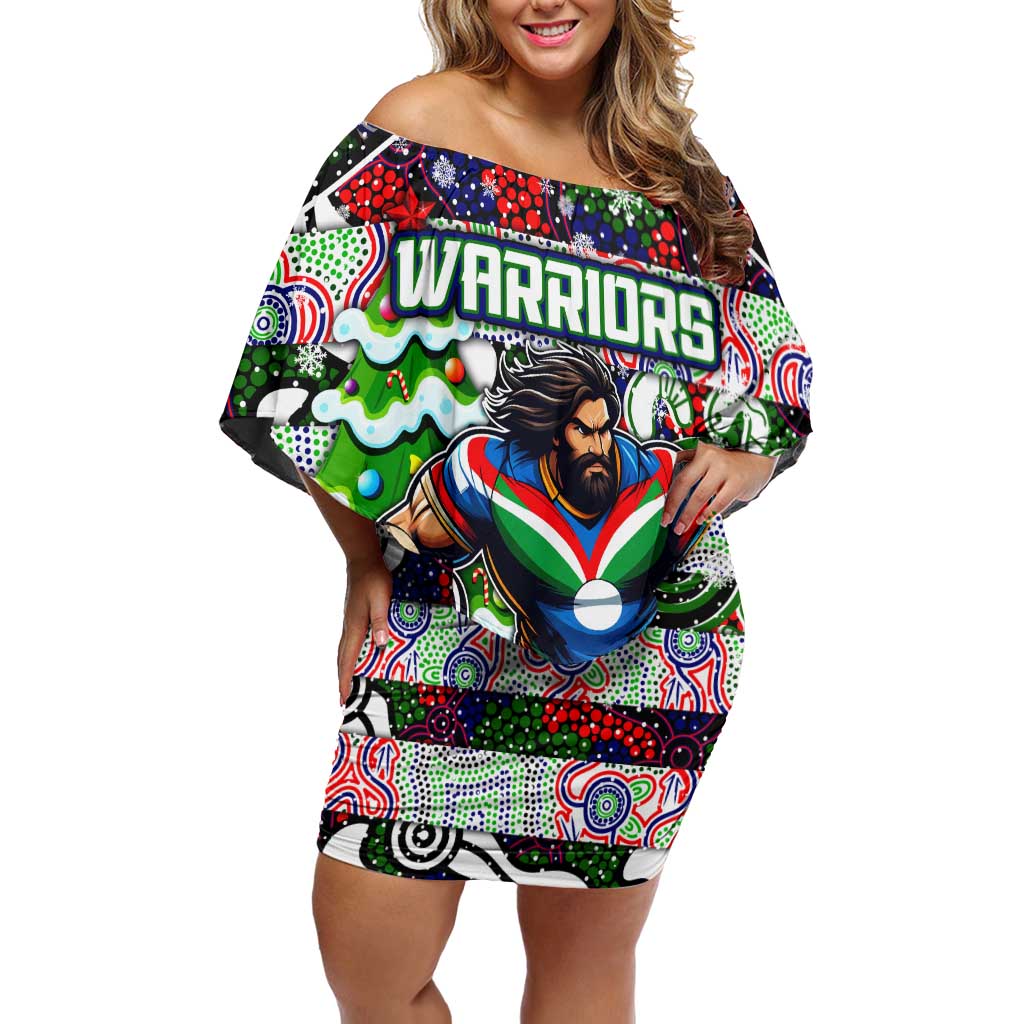 Custom New Zealand Warriors Rugby Merry Christmas Off Shoulder Short Dress Indigenous Australian Art