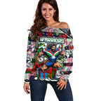 Custom New Zealand Warriors Rugby Merry Christmas Off Shoulder Sweater Indigenous Australian Art
