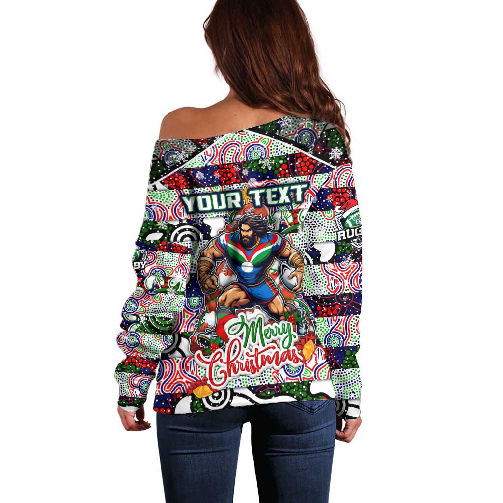 Custom New Zealand Warriors Rugby Merry Christmas Off Shoulder Sweater Indigenous Australian Art