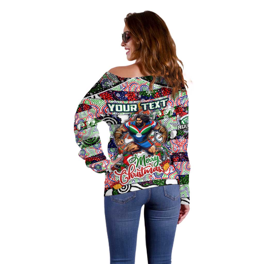 Custom New Zealand Warriors Rugby Merry Christmas Off Shoulder Sweater Indigenous Australian Art
