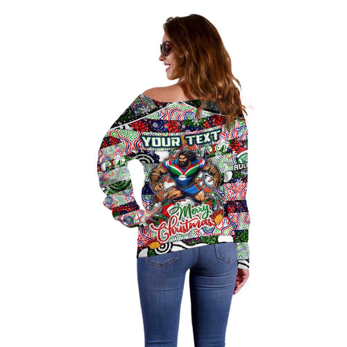 Custom New Zealand Warriors Rugby Merry Christmas Off Shoulder Sweater Indigenous Australian Art