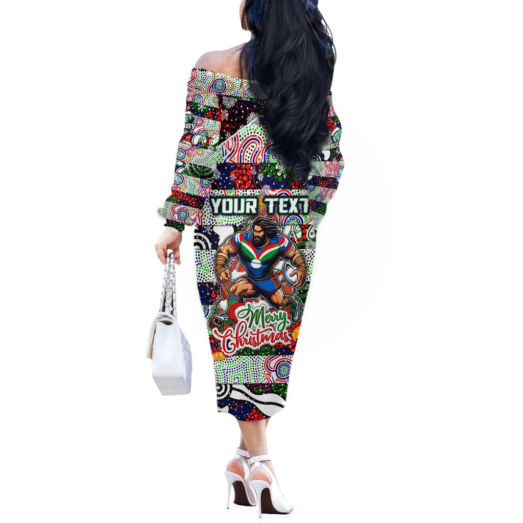 Custom New Zealand Warriors Rugby Merry Christmas Off The Shoulder Long Sleeve Dress Indigenous Australian Art