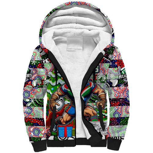 Custom New Zealand Warriors Rugby Merry Christmas Sherpa Hoodie Indigenous Australian Art