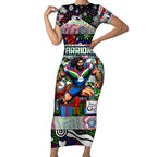 Custom New Zealand Warriors Rugby Merry Christmas Short Sleeve Bodycon Dress Indigenous Australian Art
