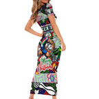 Custom New Zealand Warriors Rugby Merry Christmas Short Sleeve Bodycon Dress Indigenous Australian Art
