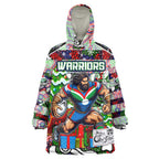 Custom New Zealand Warriors Rugby Merry Christmas Wearable Blanket Hoodie Indigenous Australian Art