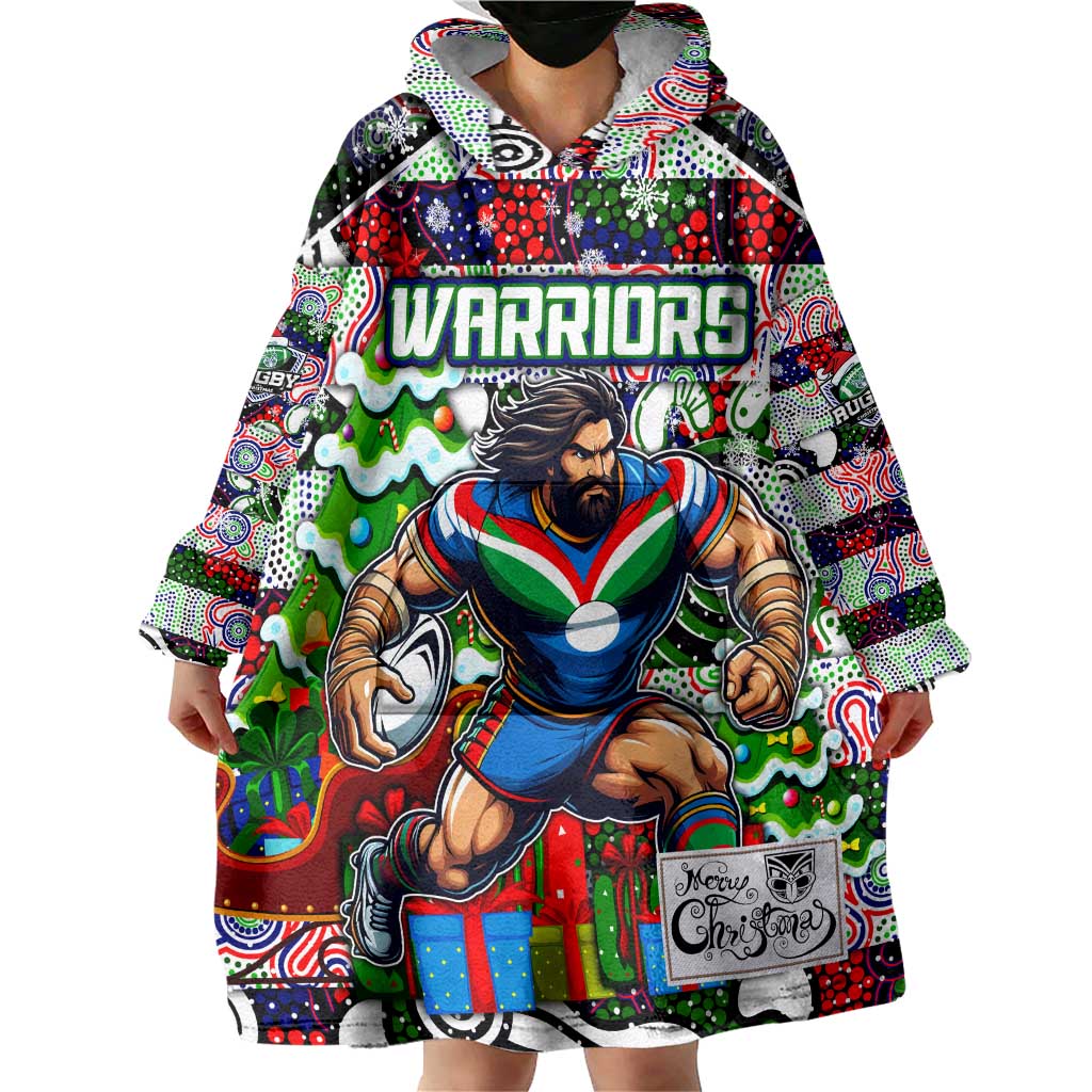 Custom New Zealand Warriors Rugby Merry Christmas Wearable Blanket Hoodie Indigenous Australian Art
