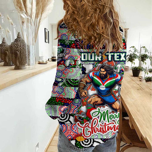 Custom New Zealand Warriors Rugby Merry Christmas Women Casual Shirt Indigenous Australian Art