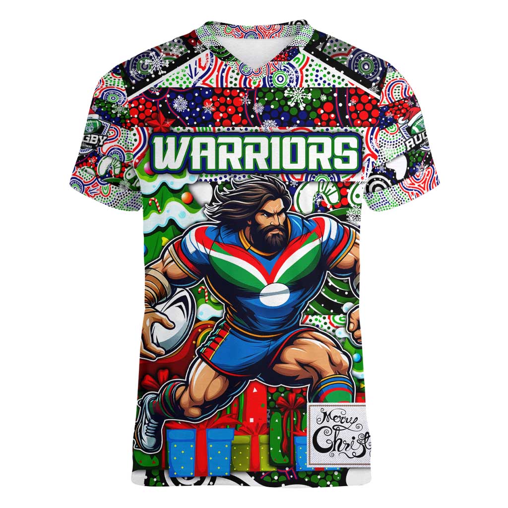 Custom New Zealand Warriors Rugby Merry Christmas Women V-Neck T-Shirt Indigenous Australian Art