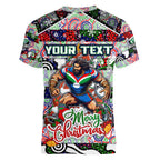 Custom New Zealand Warriors Rugby Merry Christmas Women V-Neck T-Shirt Indigenous Australian Art